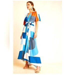 Hutch Anthropologie Geometric Gemma Wrap Maxi Dress X- Small XS Blue Orange